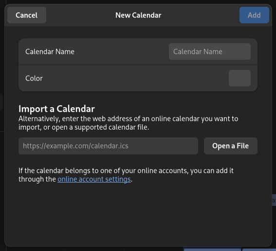 Gnome Calendar - Calendar Adding Window